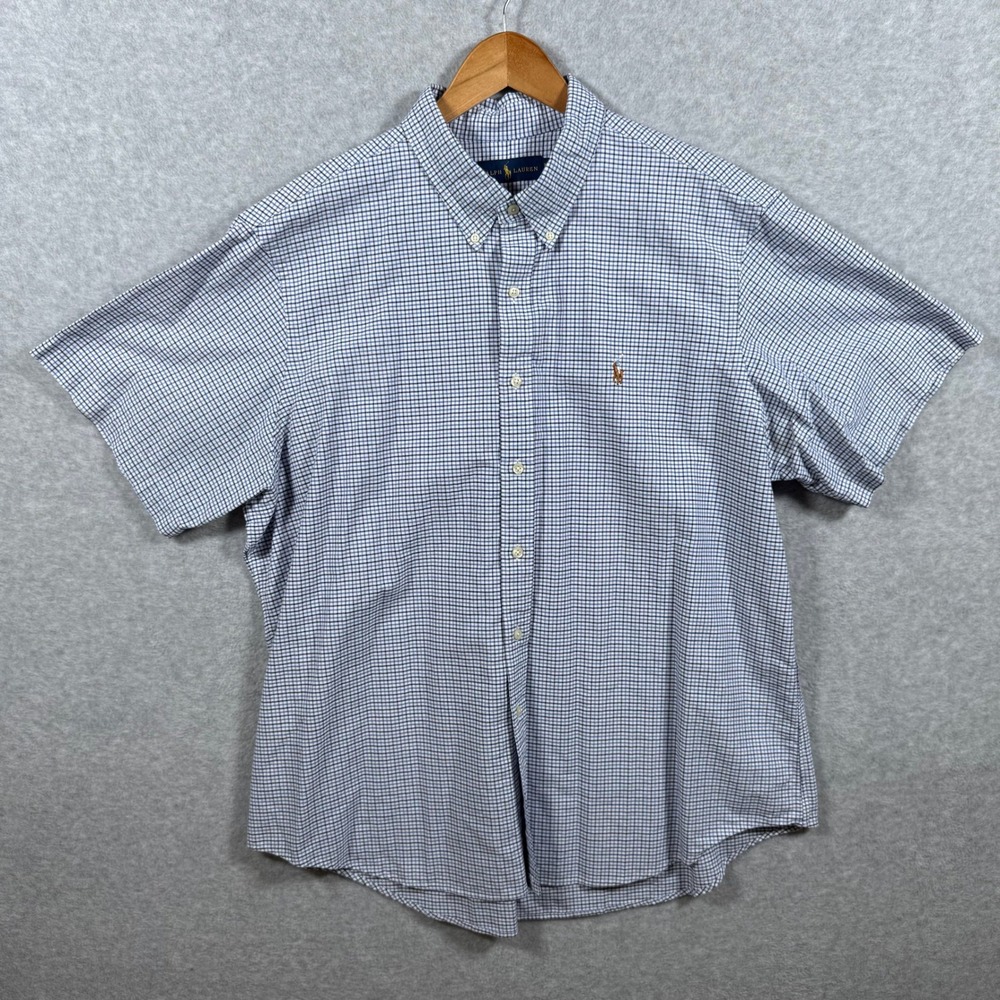 Polo Ralph Lauren Mens XXL Short Sleeve Button Down Shirt Blue Plaid Flesh Pony